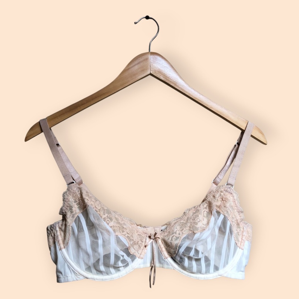 Heidi Klum Neutral Lace Trim Sheer Stripe Underwire Bra Intimate Sexy Women 38C